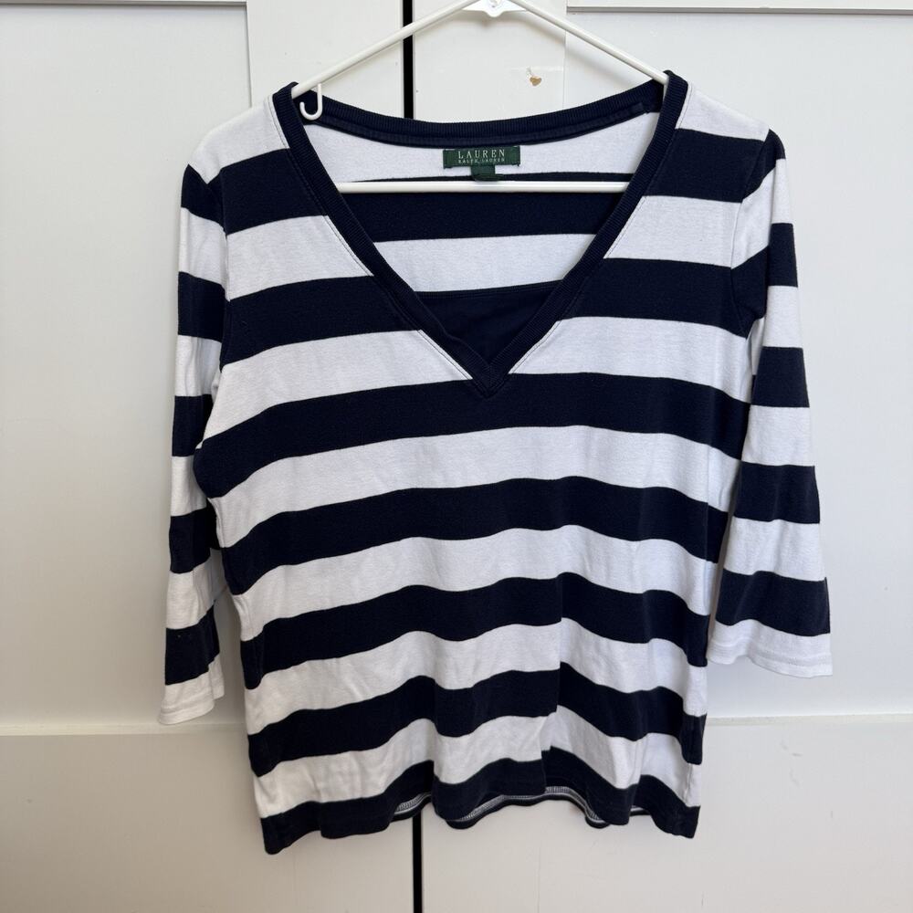 Lauren Ralph Lauren Women's XL Green Tag Striped Knit Cotton T-Shirt Navy V-Neck